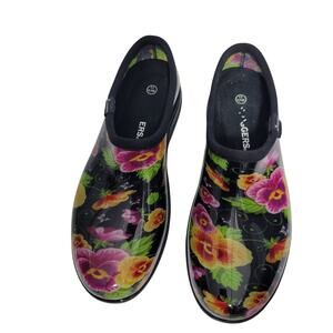 Sloggers Women's Warterproof Rain & Garden Black Pansy Floral Pattern Size 11